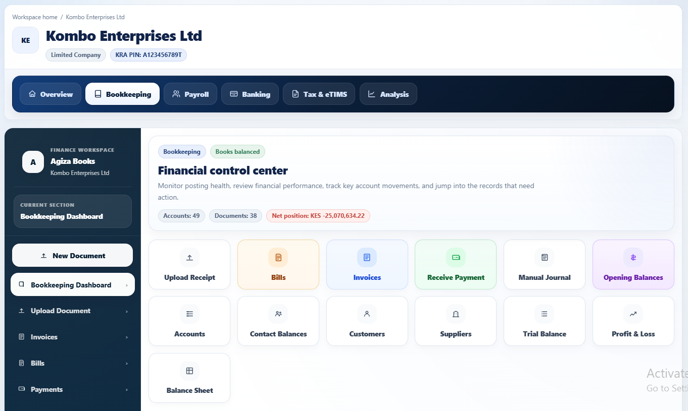 Agiza One business dashboard preview